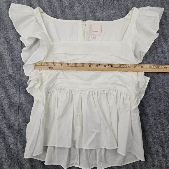 Cinq à Sept Top Womens Large White Flutter Sleeve Gathered Peplum Blouse Elegant - Picture 3 of 6